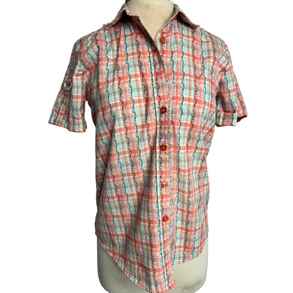 Adrian Delafield blouse medium plaid flowers short sleeve pocket collar - Picture 5 of 11